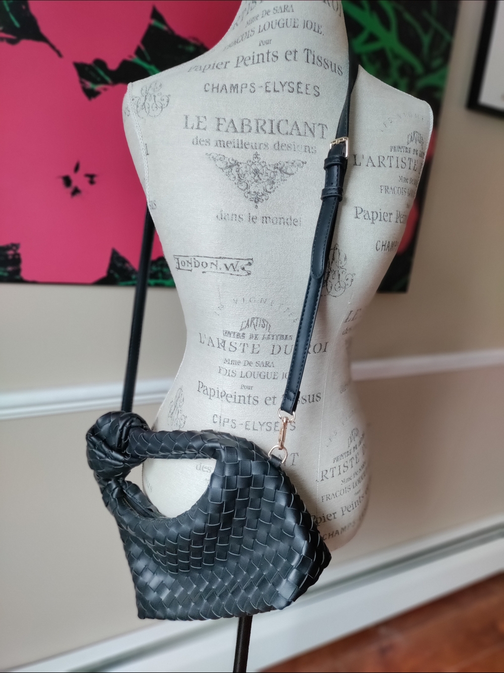 Black Woven Bottega-Style Crossbody Bag - Picture 3 of 5